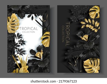 Vector tropical frames with gold leaves on black background. Luxury exotic botanical design for cosmetics, wedding invitation, summer banner, spa, perfume, beauty, travel, packaging design