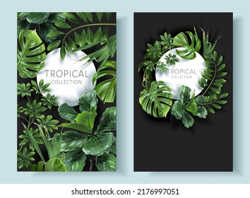 Vector tropical frames with green leaves on black background. Luxury exotic botanical design for cosmetics, wedding invitation, summer banner, spa, perfume, beauty, travel, packaging design