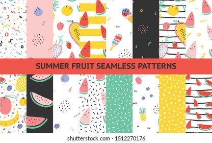 Vector tropical fruit background collection set with pineapple, mango, watermelon, dragon fruit, Pitaya, banana, papaya. Summer exotic fruit seamless pattern with memphis style elements