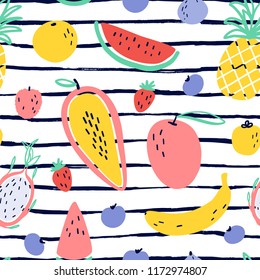 Vector tropical fruit background with durian, pineapple, mango, watermelon, dragon fruit, Pitaya, banana, papaya. Summer exotic fruit seamless pattern on stripes