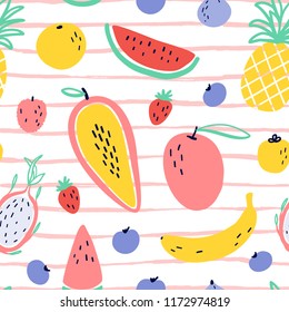 Vector tropical fruit background with durian, pineapple, mango, watermelon, dragon fruit, Pitaya, banana, papaya. Summer exotic fruit seamless pattern on stripes