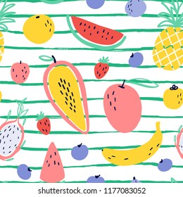 Vector tropical fruit background with durian, pineapple, mango, watermelon, dragon fruit, Pitaya, banana, papaya. Summer exotic fruit seamless pattern on stripes