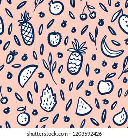 Vector tropical fruit background with durian, pineapple, watermelon, banana, dragon fruit, Pitaya. Summer exotic fruit black and white seamless pattern. Hand drawing illustration, wrap, textile