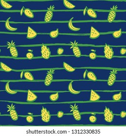 Vector tropical fruit background with durian, pineapple, watermelon, banana, dragon fruit, Pitaya. Summer exotic fruit black and white seamless pattern. Hand drawing illustration, wrap, textile