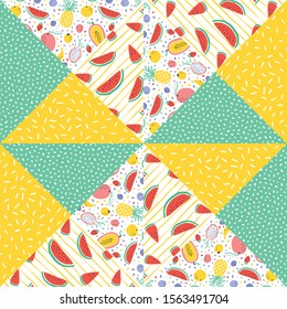 Vector tropical fruit background with durian, pineapple, mango, watermelon, dragon fruit, Pitaya, banana, papaya. Summer exotic fruit seamless pattern on stripes. Quilting fabric illustration 