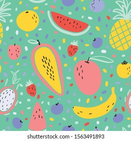 Vector tropical fruit background with durian, pineapple, mango, watermelon, dragon fruit, Pitaya, banana, papaya. Summer exotic fruit seamless pattern on stripes