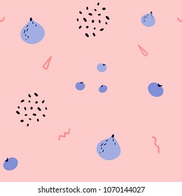 Vector tropical fruit background with figs, berries, blueberries. Summer exotic fruit seamless pattern with memphis style elements
