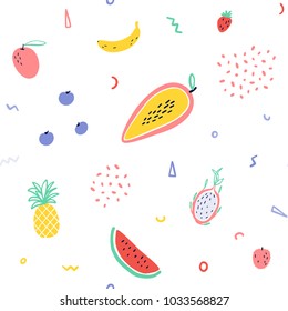 Fondo de frutas tropicales vectorial con piña, mango, sandía, fruta del dragón, Pitaya, plátano, papaya. Frutos exóticos veraniegos con elementos de estilo memphis