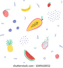 Fondo de frutas tropicales vectoriales con piña, mango, sandía, fruta del dragón, Pitaya, plátano, papaya. Frutos exóticos veraniegos con elementos de estilo memphis