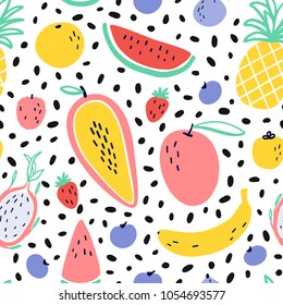 Vector tropical fruit background with pineapple, mango, watermelon, dragon fruit, Pitaya, banana, papaya. Summer exotic fruit seamless pattern with memphis style elements