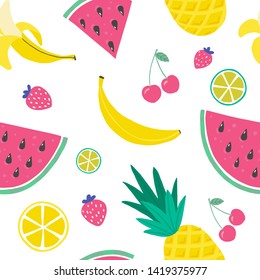 Vector tropical fruit background with pineapple, watermelon, watermelon, cherry, strawberry, banana, lemon. Summer exotic fruit seamless pattern