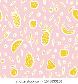 Vector tropical fruit background with pineapple, mango, watermelon, dragon fruit,banana, papaya. Summer exotic fruit seamless pattern for kids, baby clothes