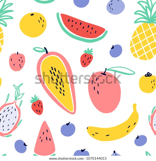 パイナップル マンゴー スイカ ドラゴンフルーツ ピタヤ バナナ パパイヤを含むベクター画像の熱帯フルーツ背景 メンフィス様のエレメントを持つ夏のエキゾチックな果物のシームレスな柄 のベクター画像素材 ロイヤリティフリー
