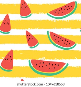 Vector tropical fruit background with watermelon, stripes. Summer exotic fruit seamless pattern