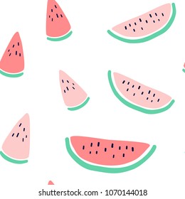 Vector tropical fruit background with watermelon. Summer exotic fruit seamless pattern