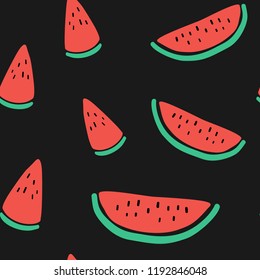 Vector tropical fruit background with watermelon. Summer exotic fruit seamless pattern on black