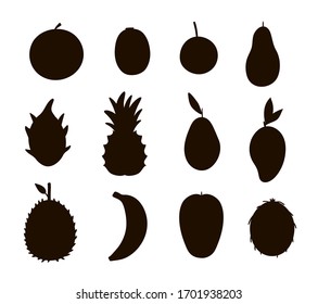 Vector tropical fruit and berries silhouettes. Jungle foliage black illustration. Hand drawn flat exotic plants isolated on white background. Healthy summer food stamp design