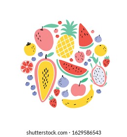 Vector tropical fruit circle background with durian, pineapple, mango, watermelon, dragon fruit, Pitaya, banana, papaya. Summer exotic fruit