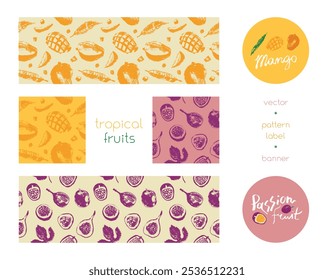 Projeto de frutas tropicais vetoriais com ilustrações de manga desenhadas à mão - desenhos de maracujá. Padrão de frutas exóticas para etiqueta, banner, folheto, modelos de cartaz para cosméticos, embalagem de alimentos para bebês