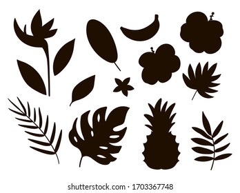 Vector tropical fruit, flowers and leaves silhouettes. Jungle foliage and florals black illustration. Hand drawn flat exotic plants shadows isolated on white background. Summer greenery stamp design