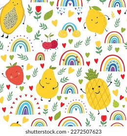 Vector tropical fruit and rainbow  background with pineapple, mango, watermelon, dragon fruit, banana, papaya. Cute fruit seamless pattern with memphis style elements