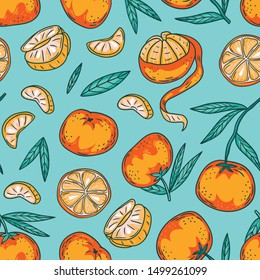 Vector tropical fruit set of tangerines. Seamless pattern with hand-drawn orange fruits. While and slices isolated in the blue background.