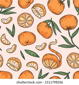 Vector tropical fruit set of tangerines. Seamless pattern with hand-drawn orange fruits. While and slices isolated on the pink background.
