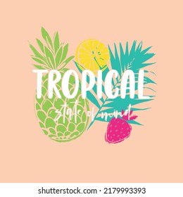 vector tropical fruits and Palm leaves and slogan tshirt print illustration art 