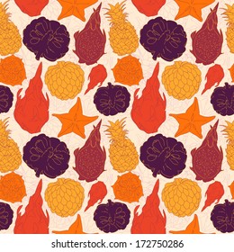 Vector tropical fruits seamless pattern. Vector colorful exotic fruits background.