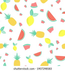 Vector tropical fruits seamless repeat pattern design background. Perfect for modern wallpaper, fabric, 
home decor, and wrapping projects.
