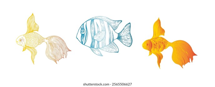 Vektor tropische tropische und Goldfische. Handgemalte Linie exotischen Riff. Grafische tropische Clip-Art einzeln auf Hintergrund. Unterwassergrafik. Für Designer, Einladungen, Dekoration, Postkarten