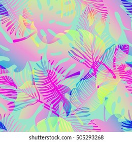 Vector tropical gradient pattern, monstera and banana leaf background for interior, textile, surface design