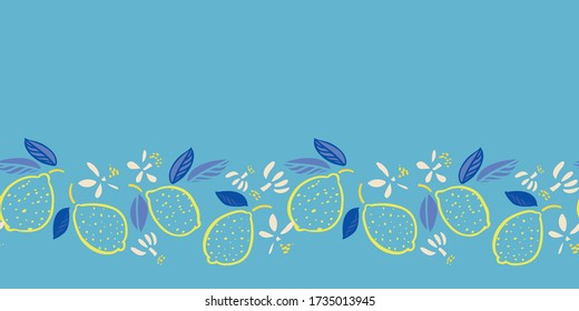 Vector tropical graphic mediterranean summer lemon repeating border. Hand drawn bright textured citrus fruit pattern with leaf and bud on blue background. Classy simple summer backdrop.