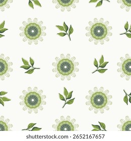 Vector tropical green Flowers and leaf Scattered on a White Background pattern. Background for textiles, cards, manufacturing, wallpapers, print, gift wrap