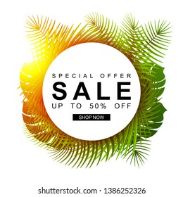 Vector tropical green leaves with circle frame for text. Floral background with exotic palm leaves. Summer sale banner.