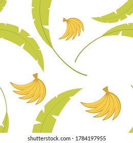 Vector tropical green palm leaves and bananas color pattern. Banana leaves and bananas on white background. Concept for wrapping paper or fabric. Summer time.