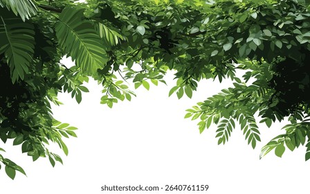 Vector tropical greenery, jungle leaves, tree branches, transparent cutout background, exotic plants, wild nature, lush foliage, jungle design, tropical forest