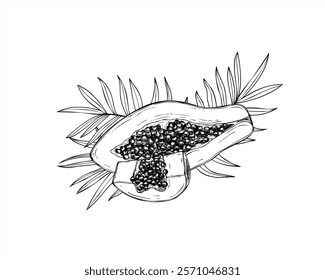 Vector tropical half and slice papaya fruit with seeds and palm leaves hand drawn illustration painted by black inks. Sweet pawpaw dessert graphic sketch illustration. Summer juicy fruits for print.