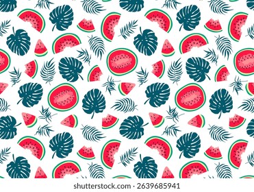Vector tropical hand drawn pattern background. Cute summer fresh fruits and palm leaves print. Watermelon red slices, monstera and coconut repeat texture on white for fabric, decor, wallpaper, textile