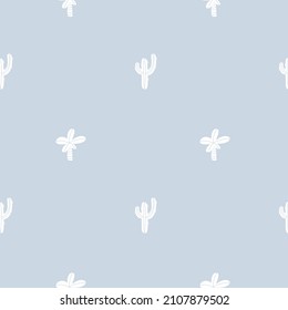 Vector tropical hand drawn plants cactus palm trees. Summer baby boy seamless pattern exotic background for retro trendy texture, textile, fabric, sportswear illustration.