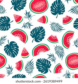Vector tropical hand drawn seamless pattern. Cute summer fresh fruits and palm leaves print. Watermelon red slices, monstera and coconut repeat texture on white background for fabric, textile, decor.