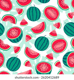 Vetor tropical mão desenhado padrão sem costura. Lindas frutas frescas de verão e folhas de palma impressas. Melancia inteira e fatias vermelhas, a folha de monstera repete a textura no fundo branco para o tecido, têxtil.