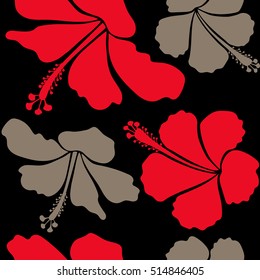 Vector of tropical hibiscus flowers in beige and red colors with watercolor effect on black background.