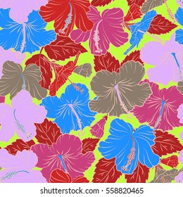 Vector of tropical hibiscus flowers in beige and red colors with watercolor effect.