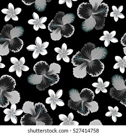 Vector of tropical hibiscus flowers, dense jungle. Hand painted. Pattern in blue, neutral and gray colors with tropic summertime motif may be used as texture, wrapping paper, textile design.
