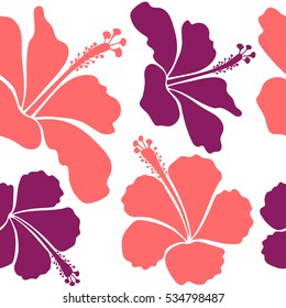 Vector of tropical hibiscus flowers, dense jungle. Hand painted. Pattern in purple and pink colors with tropic summertime motif may be used as texture, wrapping paper, textile design.