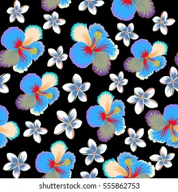 Vector of tropical hibiscus flowers, dense jungle. Hand painted. Pattern in beige, blue and green colors with tropic summertime motif may be used as texture, wrapping paper, textile design.
