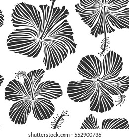 Vector of tropical hibiscus flowers in gray colors with watercolor effect on white background.