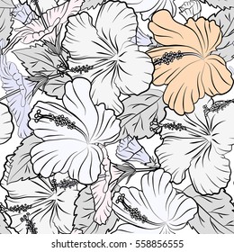 Vector of tropical hibiscus flowers in gray and beige colors with watercolor effect on white background.