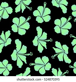 Vector of tropical hibiscus flowers in green and blue colors with on black background.